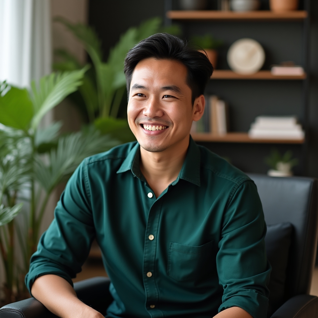 Business communication facilitator, Filipino male professional in his mid-30s, casual professional attire, modern home office