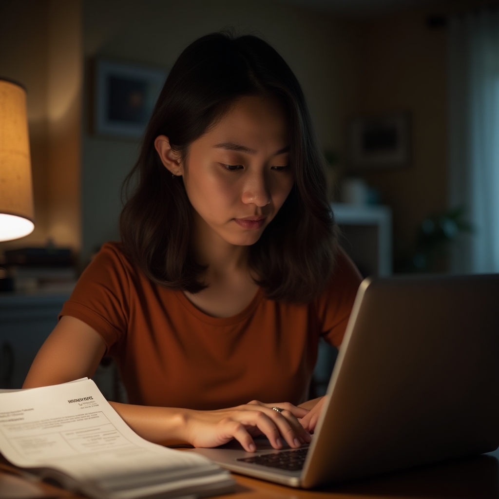 Filipino freelancer carefully drafting a professional payment follow-up email, thoughtful expression, evening home office