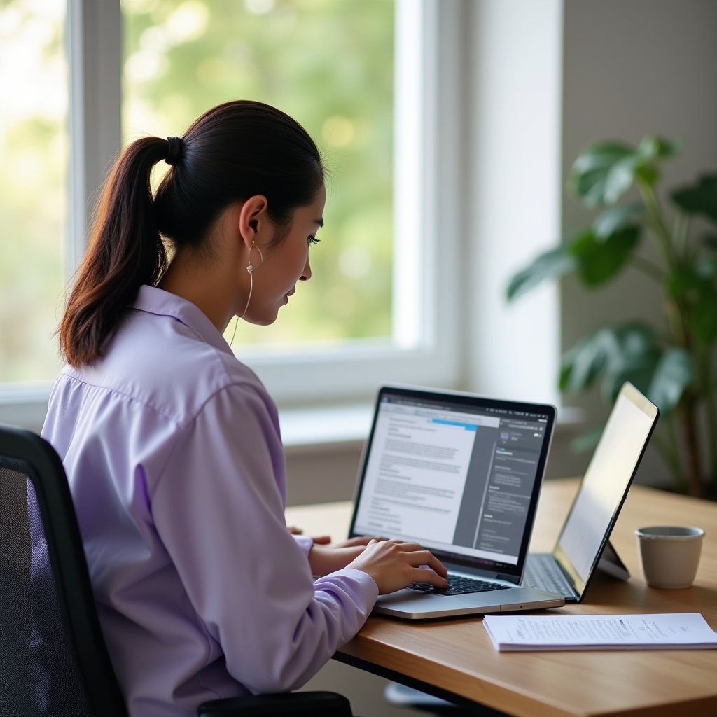 VA writing a concise project status update on laptop, showing before and after comparison documents