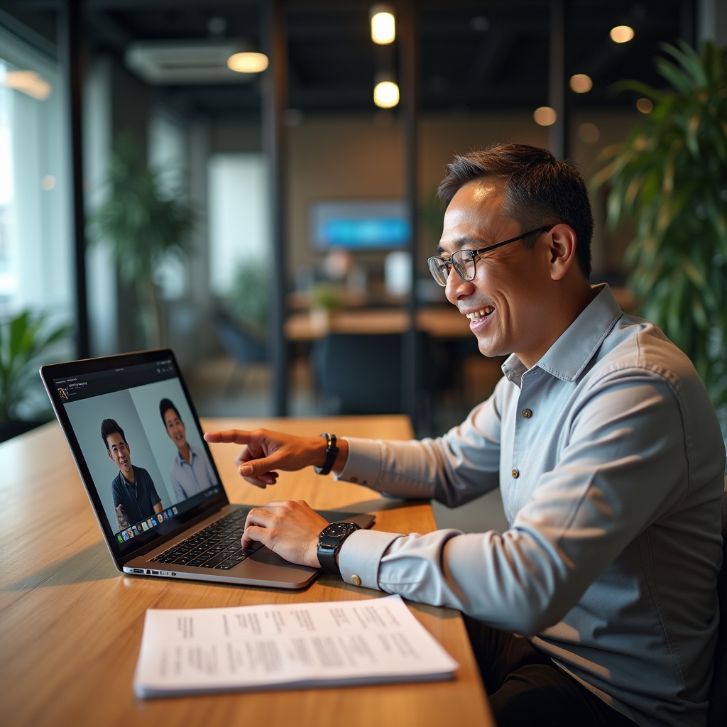 Small business owner discussing writing standards with their Filipino remote team during a video call, professional setting