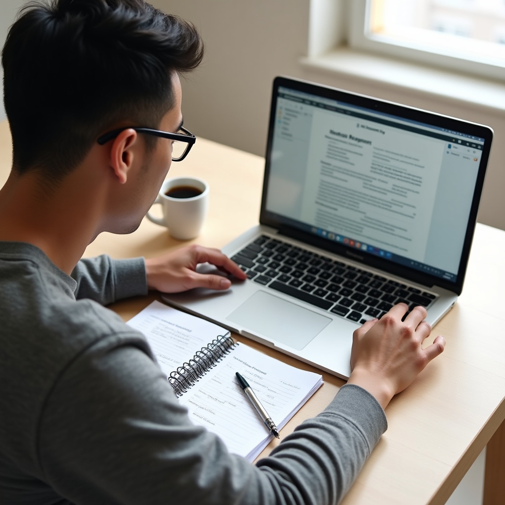 Freelancer building a weekly report template on a laptop, clean workspace with notebook and coffee, natural window light