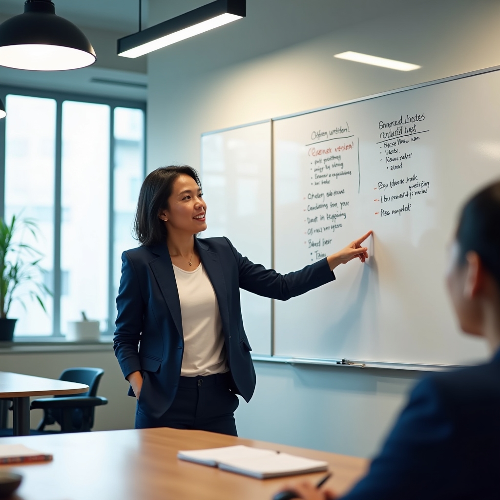 Course founder reviewing email examples on a whiteboard, identifying common Filipino English writing patterns